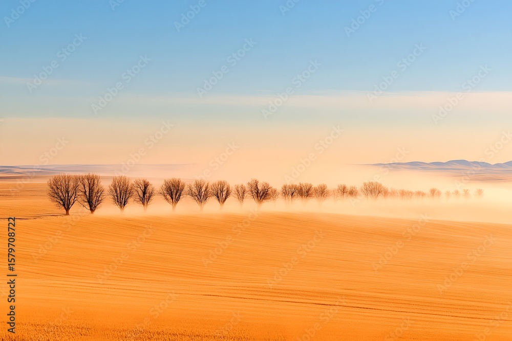 Obraz premium A serene landscape with a row of bare trees silhouetted against a warm pastel sky their forms slowly dissolving into the distant hazy horizon