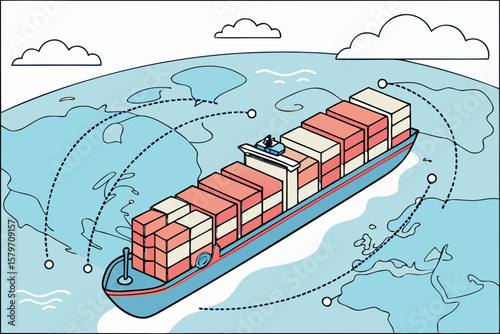 Global cargo ship illustration with containers and shipping routes on map