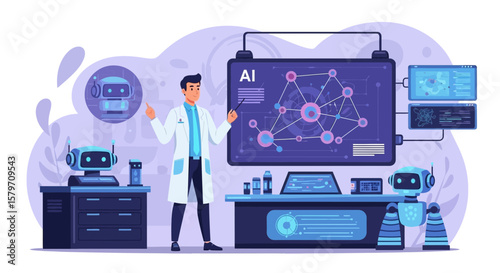 Artificial Intelligence Research And Development In Modern Laboratory Illustration