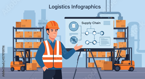 Man Explaining Supply Chain Onboard Inside Warehouse With Forklifts And Shelves