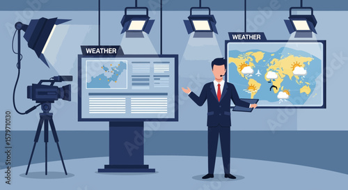 Professional Weather Forecaster Presenting Weather Forecast in Tv Studio