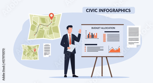 Government Officials Presenting Budget Allocation Plans And Civic Infographics