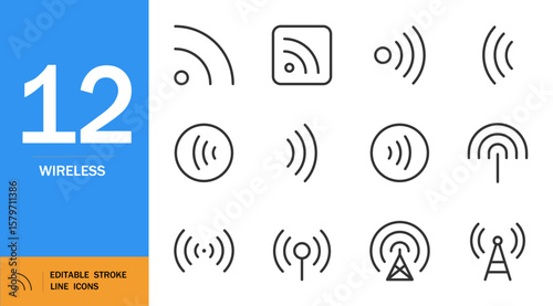 Wireless icon set. Minimal vector icons for mobile apps. Includes radio waves, connectivity, signal, network, tech and more. Editable black outline.