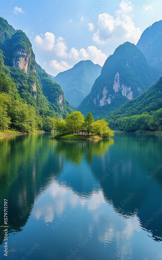 Fototapeta premium Ecological Landscape Material of Mountains, Lakes and Islands, Lake - Center Island & Green Mountain Reflections, for Cultural Tourism Promotion, Geographic Magazines, Decorative Paintings