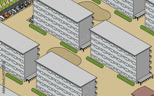 昔ながらの団地が並ぶ風景のシンプルな線画アイソメトリックイラスト