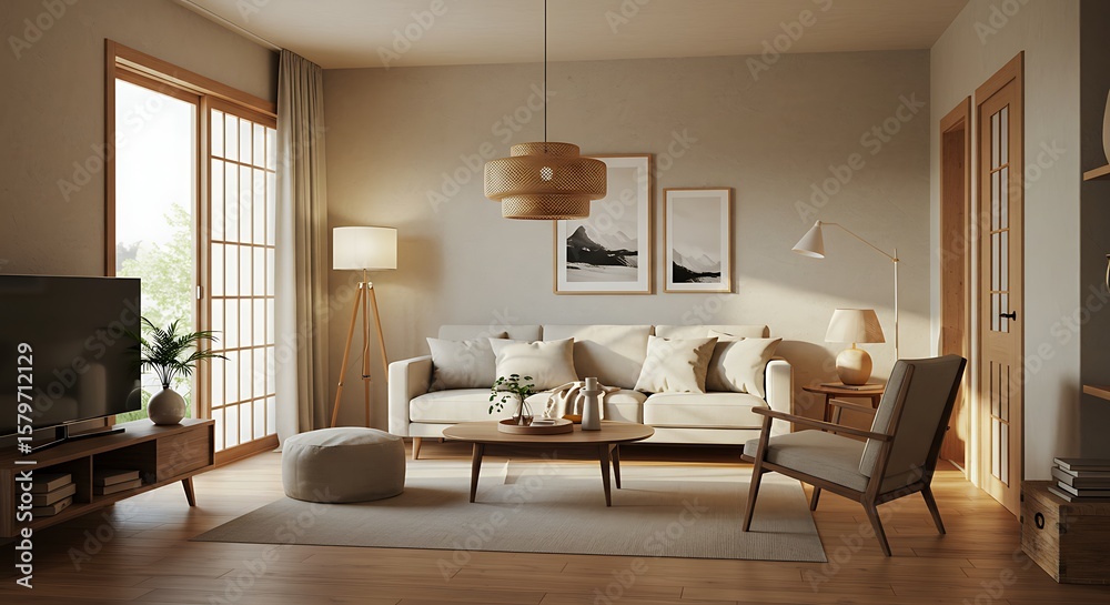 Fototapeta premium Bright living room featuring a sofa with pillows, a coffee table with decor, an armchair, and natural light streaming through a sliding door.
