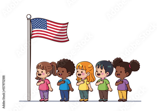 Diverse Group of Children in Patriotic Pose Hands Over Hearts.