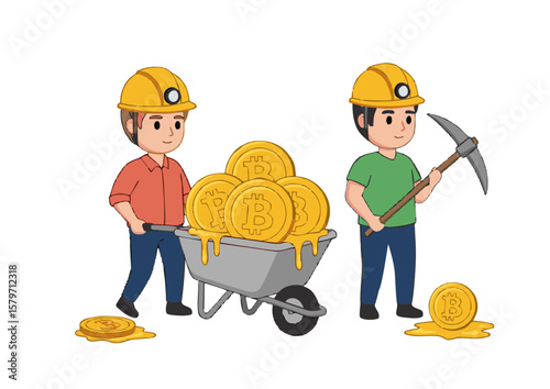 Cartoon Bitcoin Miners with Wheelbarrow and Pickaxe Cryptocurrency Concept.