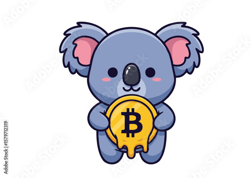 Cartoon Koala Holding Dripping Golden Bitcoin Cryptocurrency Coin.