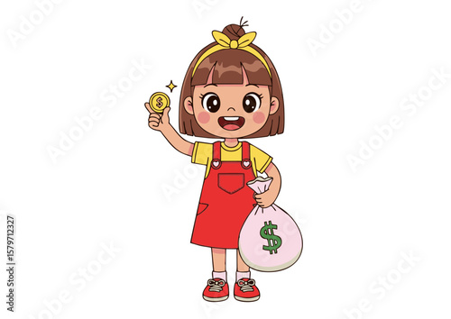 Cartoon Girl with Coin and Money Bag Happy Pose Cute Style.