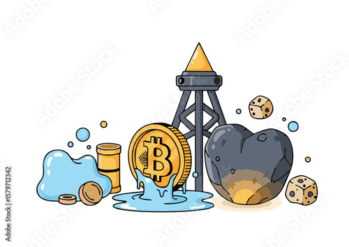 Bitcoin Mining Illustration: Golden Coin Melts Oil Derricks and Dice.