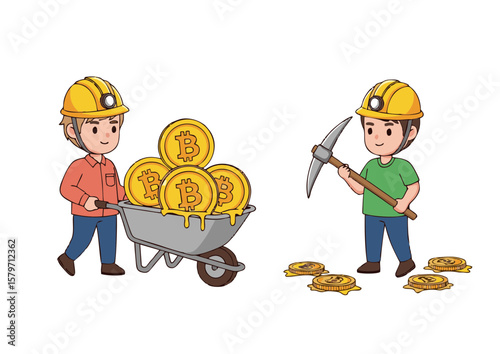 Cartoon Bitcoin Miners with Wheelbarrow and Pickaxe Cryptocurrency Concept.