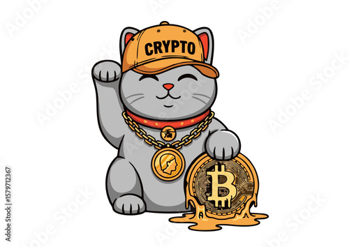 Crypto Cat Holding a Melting Bitcoin in a Baseball Cap.
