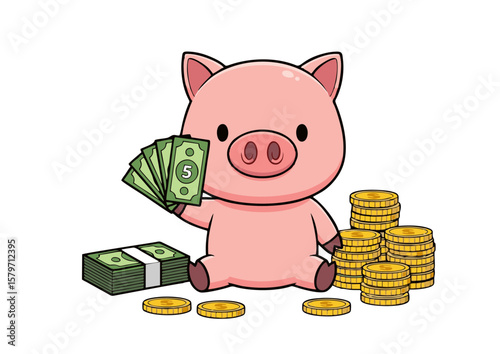 Cartoon Piggy Bank with Money Holding Cash and Surrounded by Coins.