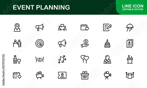 Event Planning Icon Set in Vector Style Featuring Calendar, Schedule, Venue, Invitation, and Party Elements