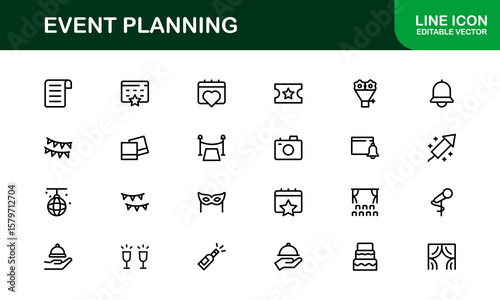 Event Planning Icon Set in Vector Style Featuring Calendar, Schedule, Venue, Invitation, and Party Elements