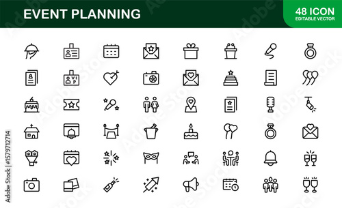 Event Planning Icon Set in Vector Style Featuring Calendar, Schedule, Venue, Invitation, and Party Elements