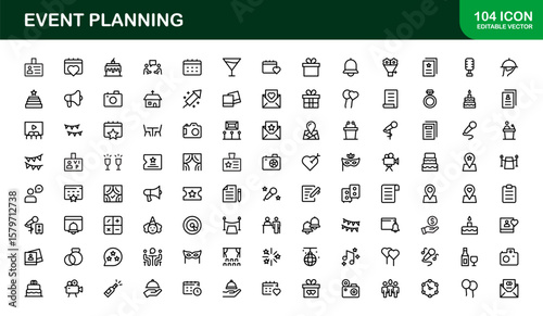 Event Planning Icon Set in Vector Style Featuring Calendar, Schedule, Venue, Invitation, and Party Elements