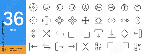 Move icon set. Minimalist vector arrows and shapes for games. Includes directions, crosshairs, dots, walk, action symbols. Editable black line art on pastel blue.