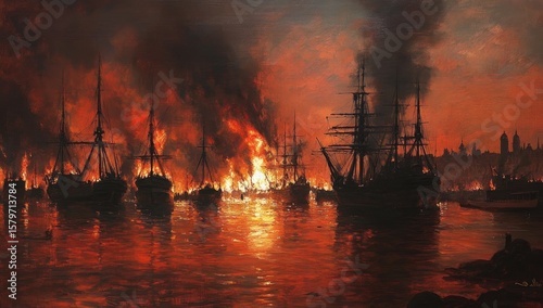 Wallpaper Mural Burning ships at harbor sunset.  Fiery spectacle at dock Torontodigital.ca