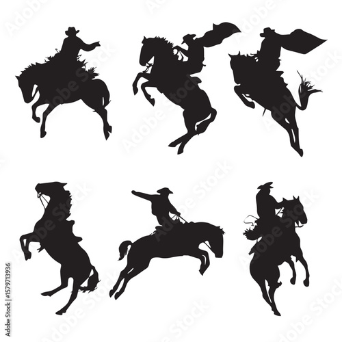  bronc rider silhouette set, Black & White silhouette set
