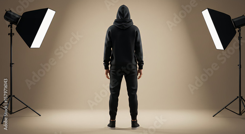 A person in a dark hoodie stands facing away from the viewer, illuminated by studio lights on either side.
