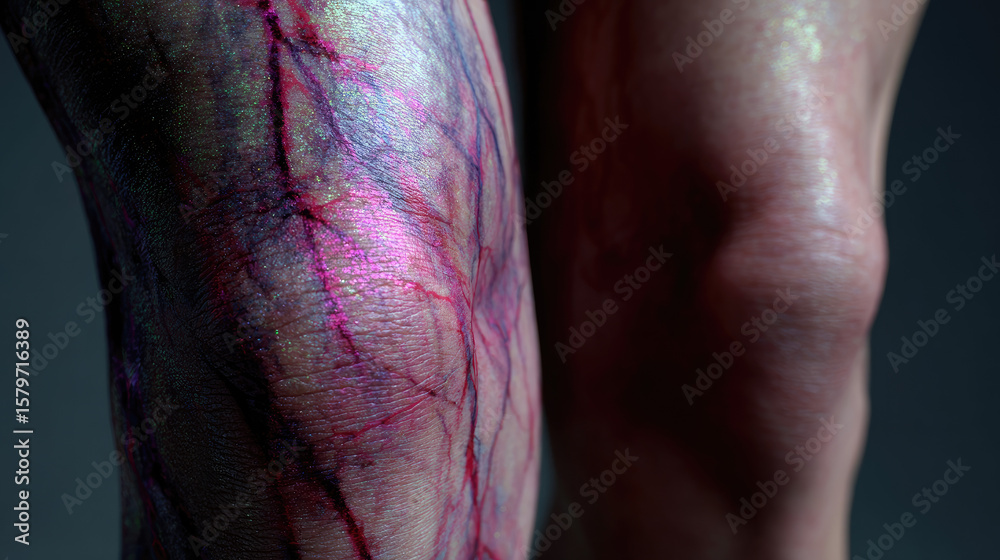 Fototapeta premium Swollen lower for vascular issue concept. Close-up of human skin revealing vibrant vascular details.