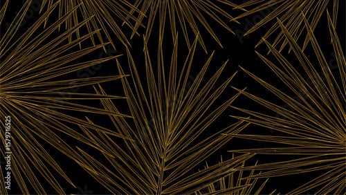 Golden palm fronds create an elegant, abstract pattern against a stark black background, evoking a sense of luxury and tropical sophistication.