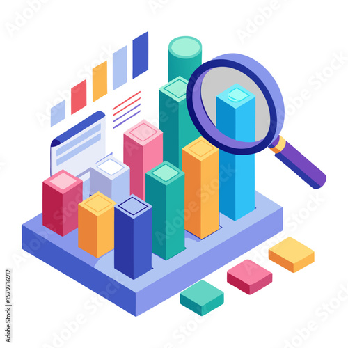 An isometric illustration depicting data analysis, with colorful bar graphs, charts, and a magnifying glass, symbolizing examination and insights.