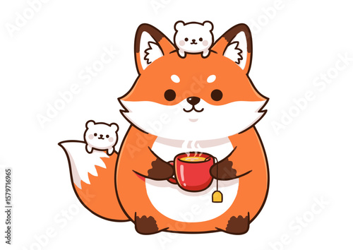 Cute Cartoon Fox with Teacup and Baby Bears.