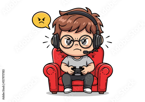 Cartoon Angry Gamer Boy with Headset on Red Armchair.