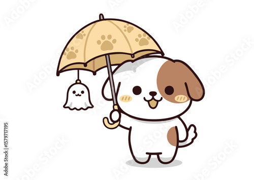 Cartoon Dog with Umbrella and Ghost Charm Cute Kawaii Style Illustration.