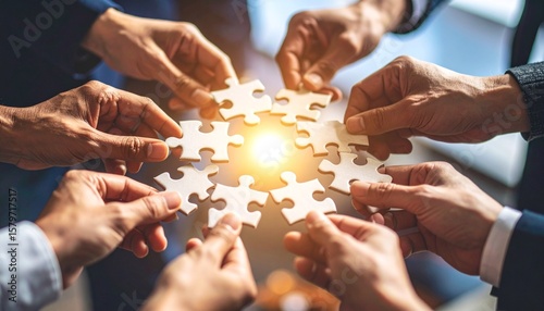 A conceptual photo of a jigsaw puzzle being completed by multiple hands