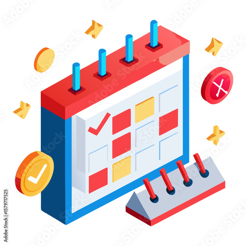 An isometric illustration of a calendar with a checkmark on a date, surrounded by elements like coins, an "X" mark, and pushpins, representing scheduling or task management.