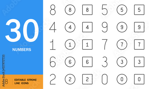Number icon set. Minimalist vector numbers pack. Simple line drawing icons from 1 to 19 with square symbols, circular dots and diamonds. Clean flat design on white background. Editable stroke.