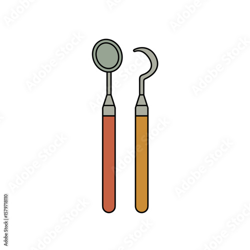 Dental Mirror and Hook. Minimalist flat vector on transparent background, simple colors. Dentistry, oral hygiene, dental care concept. Clinics, health websites, medical illustrations