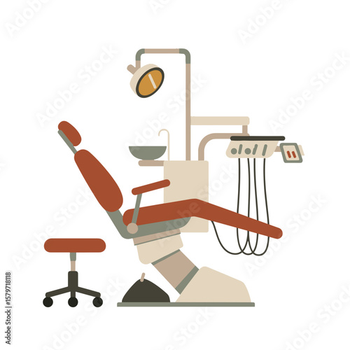 Dental Chair with Lamp. Modern flat vector, neutral colors on transparent background. Dentistry, dental treatment, healthcare. Dental clinic, medical website, health services
