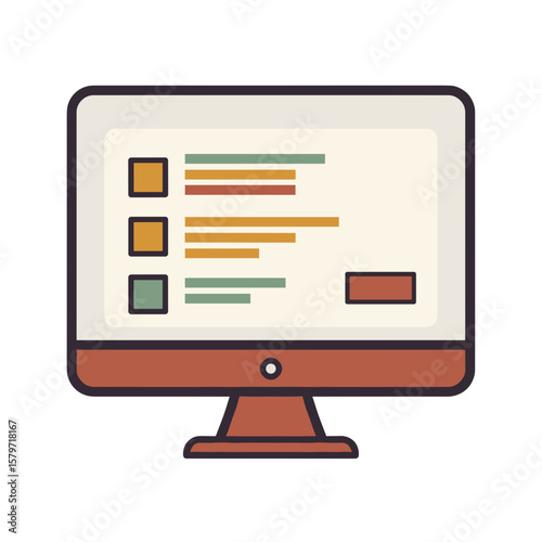 Monitor displaying survey results. Flat vector with colorful data visualizations. Business analytics, market research, statistics. Reports, presentations, data analysis, dashboards