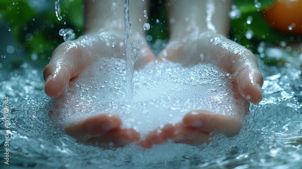 Fototapeta premium Hands collecting soapy water with bubbles.