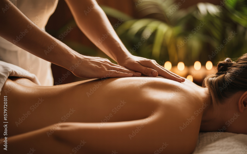Obraz premium Serene Spa Experience with Relaxation Massage Under Soft Candlelight and Lush Greenery