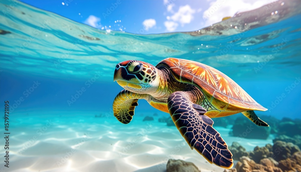 Fototapeta premium Sea turtle swimming in shallow turquoise water