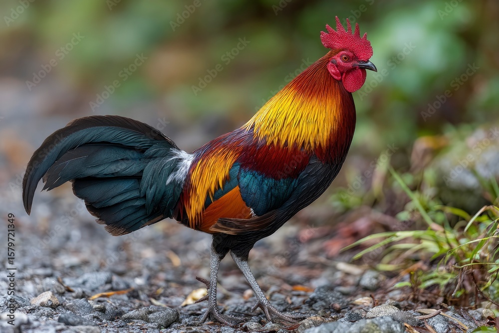 Fototapeta premium Rooster standing on rocky ground with colorful plumage and a red comb