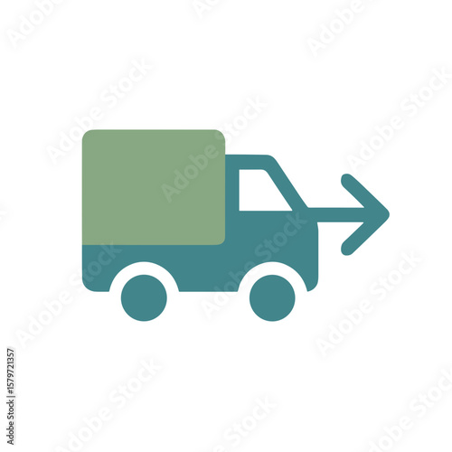 Minimalist flat icon of delivery truck with right arrow, green and teal shipping symbol for logistics, transportation or e-commerce interface