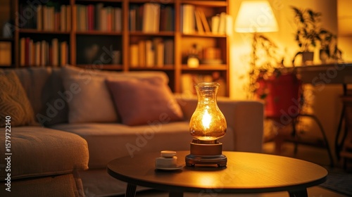 Cozy living room at night with warm lamplight