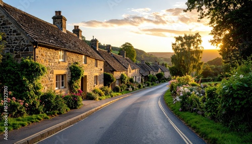 Quaint village street at sunset