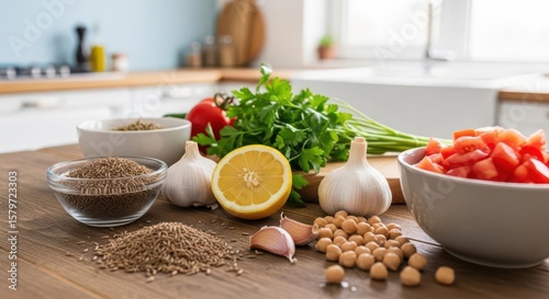 Fototapeta Naklejka Na Ścianę i Meble -  Fresh Vegetables and Spices on Wooden Kitchen Counter in Bright Modern Kitchen