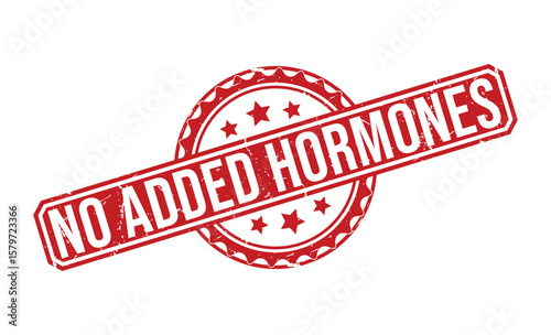 Grunge Red Rubber Stamp with 'No Added Hormones' Text, Star Accents Isolated on White