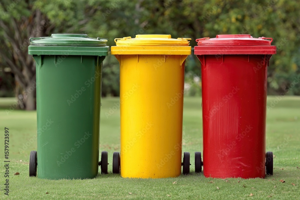 Three colorful binsgreen yellow redstand sidebyside on a grassy lawn against a backdrop of trees Three colorful binsgreen yellow redstand sidebyside on a grassy lawn against a backdrop of trees