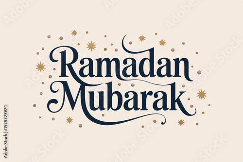 Elegant arabic calligraphy greeting ramadan mubarak with stars and dots on white background