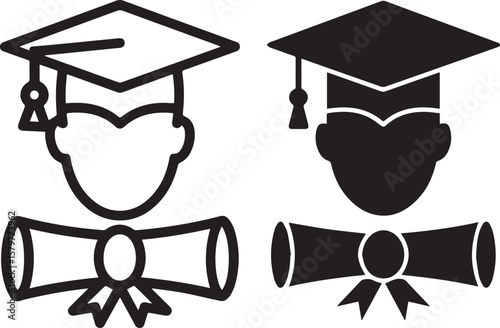 Two graduation icons one outlined and one solid showing a cap and diploma representing academic achievement and success